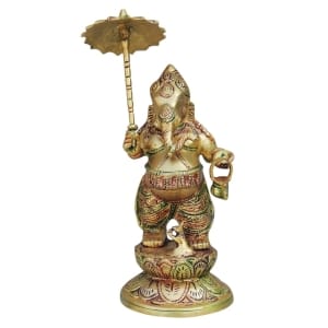 Brass Ganesh Idol Statue with Umbrella - 4.6 x 4.6 x 11.5 Inch