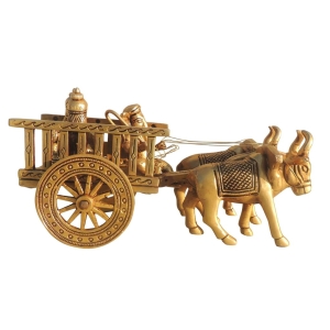 Brass Cow Cart Statue - 11 Inch Width, 5.5 Inch Depth, 6 Inch Height