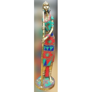 Brass Showpiece Lady With Stick Statue - decorative item