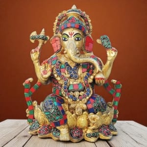 Brass Showpiece Ganesh Stone God Idol Statue - 7.5*6.5*9.5 Inch (BS1630 D)