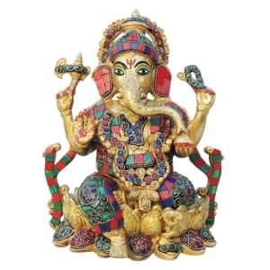 Brass Showpiece Ganesh Stone God Idol Statue - 7.5*6.5*9.5 Inch (BS1630 D)