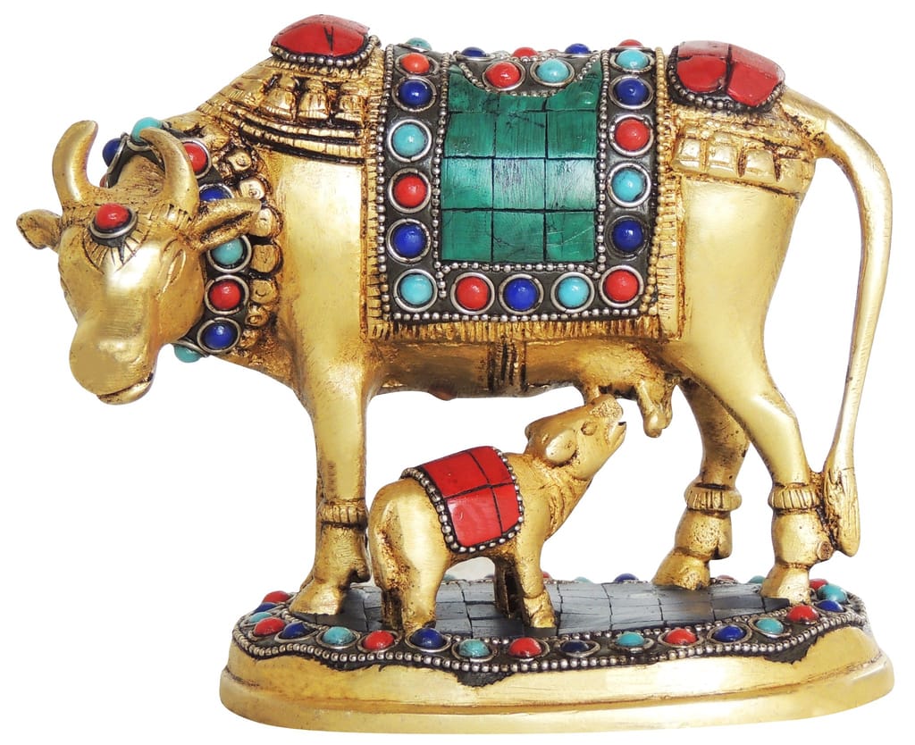 Brass Showpiece Gaye Bachdha Stone Statue Cow with Calf