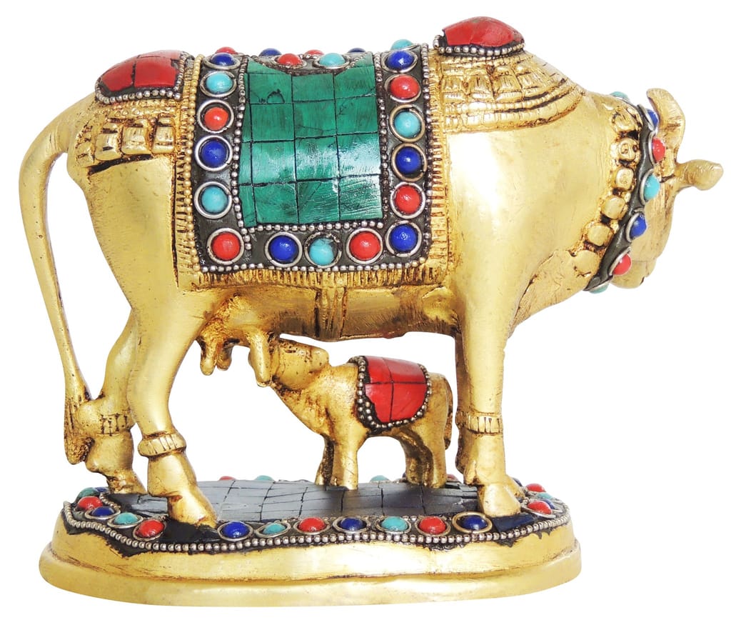 Brass Showpiece Gaye Bachdha Stone Statue Cow with Calf