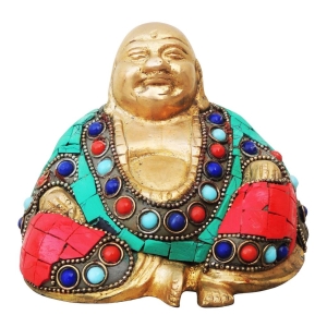 Brass Showpiece Laughing Buddha Statue with turquoise finish