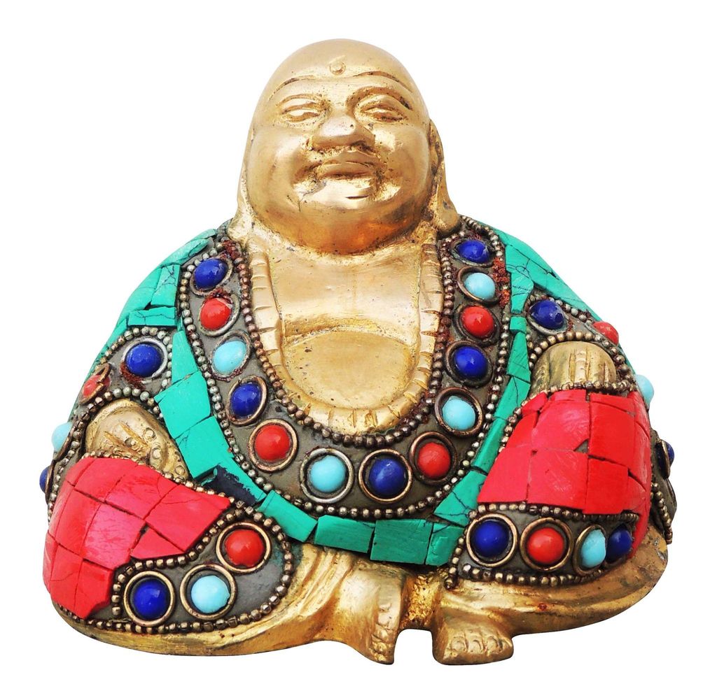 Brass Showpiece Laughing Buddha Statue with turquoise finish