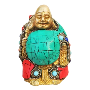 Brass Showpiece Laughing Buddha Statue with turquoise finish