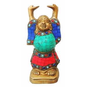 Brass Showpiece Laughing Buddha Statue with turquoise finish