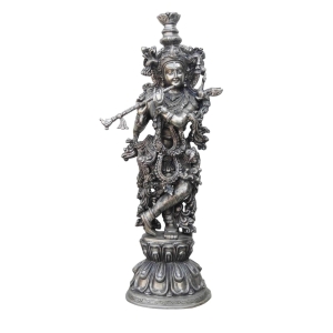 Brass Showpiece Krishna Statue With Silver Antique Finish - 7.5*5.8*23.5 Inch (BS369)