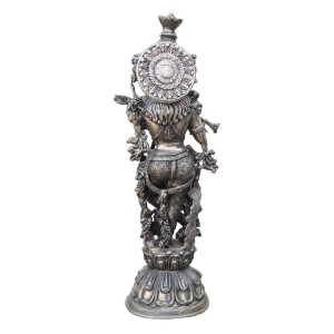 Brass Showpiece Krishna Statue With Silver Antique Finish - 7.5*5.8*23.5 Inch (BS369)