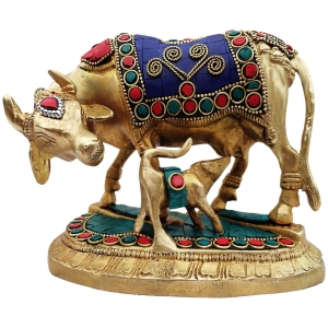 Brass Cow And Calf Statue 6.5 Inch Pure Brass Auspicious Decor