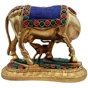 Brass Cow And Calf Statue 6.5 Inch Pure Brass Auspicious Decor