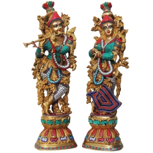 Brass Showpiece Radha Krishna Pair Statue With Coral Stone Finish - 9.8*6.5*28 Inch (BS468)