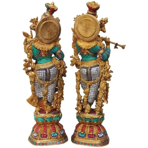 Brass Showpiece Radha Krishna Pair Statue With Coral Stone Finish - 9.8*6.5*28 Inch (BS468)