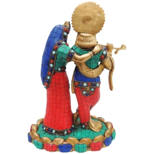 Brass Radha Krishna Idol Base Stone Work Statue 8x5x11 Inch