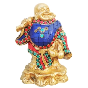 Brass Showpiece Laughing Buddha statue with turquoise finish
