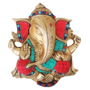 Brass Wall Hanging Ganesh Statue With Stone Finish - 8.8 Inch Height