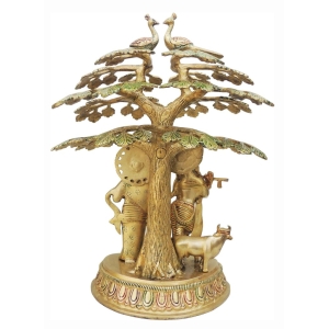 Brass Showpiece Tree Radha Krishna Cow God Idol Statue 11.5x8.5x16.4 Inch