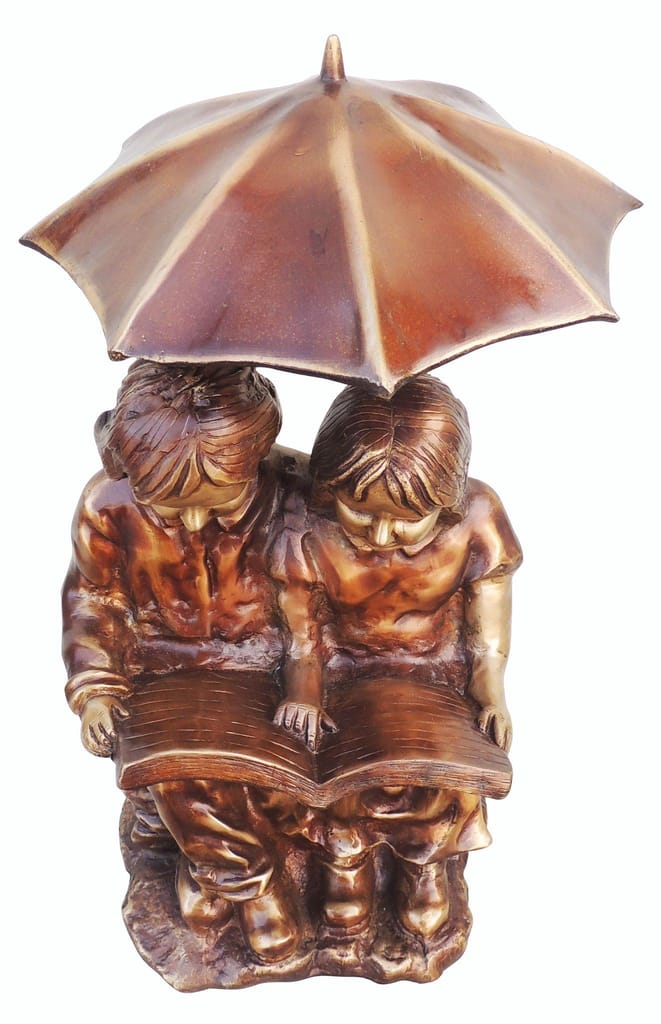 Brass Showpiece Sitting Child With Umbrella Statue